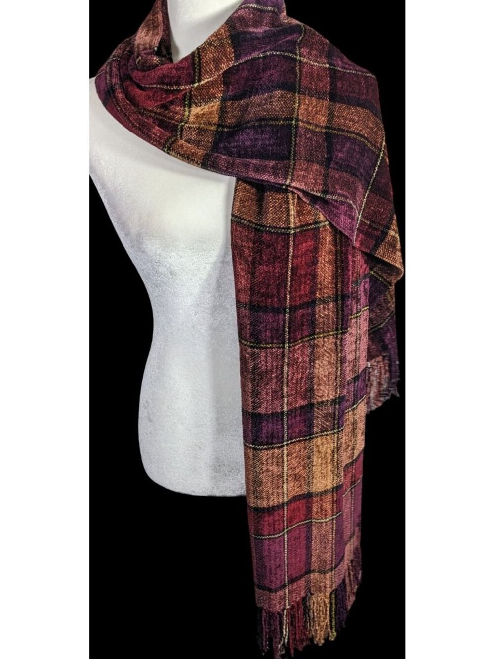 Vintage Searle Blatt Rayon Chenille Plaid Scarf With Fringe 74x14 Inches